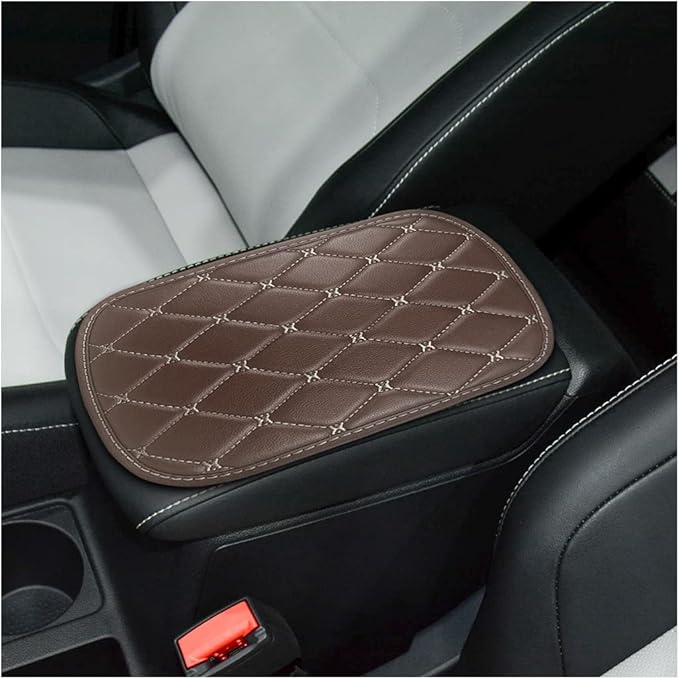 Auto Center Console Pad, PU Leather Car Center Console Box Cushion, Non Slip Soft Armrest Seat Box Cover, Waterproof Vehicle Armrest Protector for SUV, Truck, Car (Rhombic Lattice Brown/Beige)