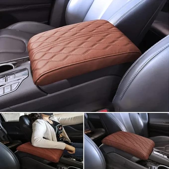 soputry Leather Car Armrest Box Pad, 2023 New Car Center Console Cover Pad Leather Auto Armrest Cover, Universal Arm Rest Cushion Pads for SUV/Truck/Vehicle (Brown, Wave Pattern)