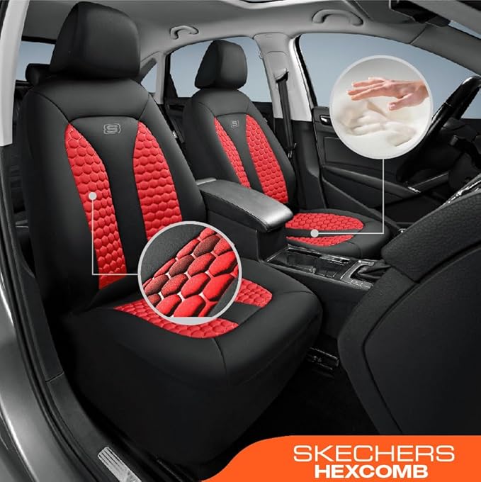 Skechers Memory Foam™ Car Seat Cover Full Sets, Hexcomb Breathable Thick Seat Covers, Airbag Compatible, Automotive Comfort & Protection for Most Cars,Van,Trucks, SUVs (Red,Full Set)
