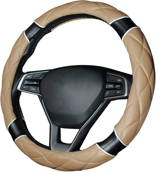 Steering Wheel Cover 15Inch Soft Microfiber Leather Fashion Anti-Slip Odorless Universal for Auto/Truck/SUV/Van (Beige-Black)