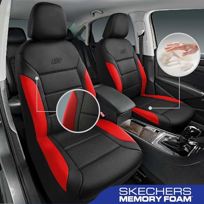 Skechers Memory Foam Car Seat Covers, Lycra Fabric Seat Covers &Thick Memory Foam, Car Seat Cover Full Sets, Airbag Compatible, Automotive Comfort Protection for Most Cars,Trucks, SUVs, Red