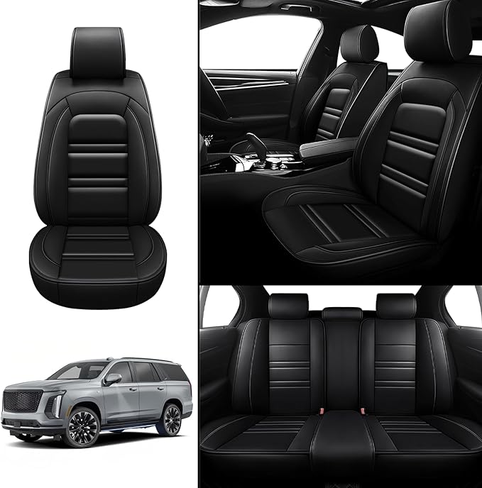 Seat Covers for Cadillac Escalade 2000-2025 | 5-Seats Leather Seat Covers, Easy to Install Automotive Seat Covers Full Set (Full Set, Black)