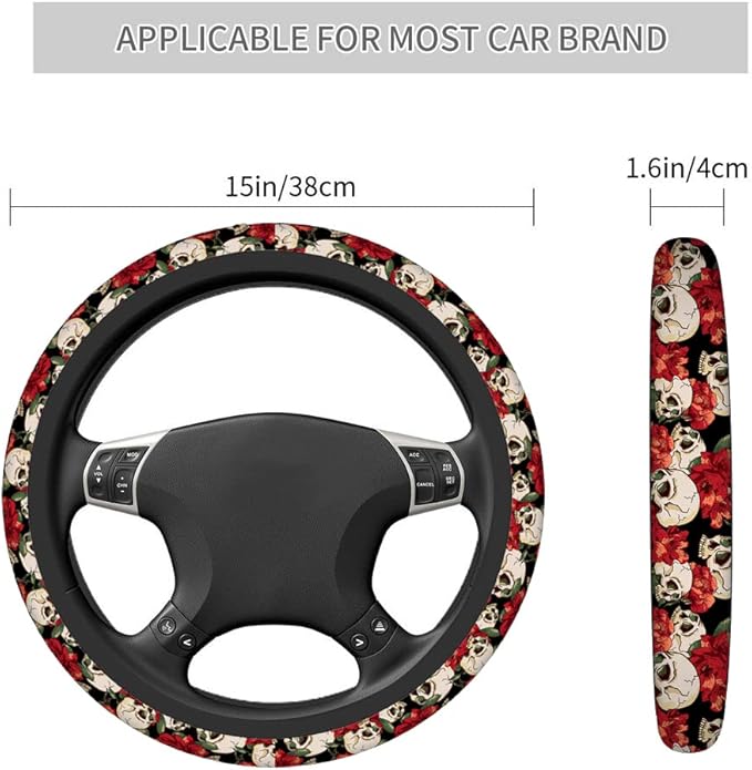 Swono Red Flower and Skull Steering Wheel Covers 15" Inch Skull and Flowers Day of The Dead Universal Fit Most Car Sedans SUVs Comfort Grip Comfortable Neoprene Breathable Steering Wheel Protector