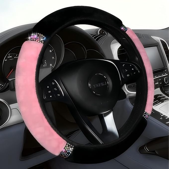 Fluffy Steering Wheel Cover, Universal 15 Inch Colorful Rhinestones Car Steering Wheel Cover, Sparkly Crystal Diamond Steering Wheel Protector for Women Girls,Pink