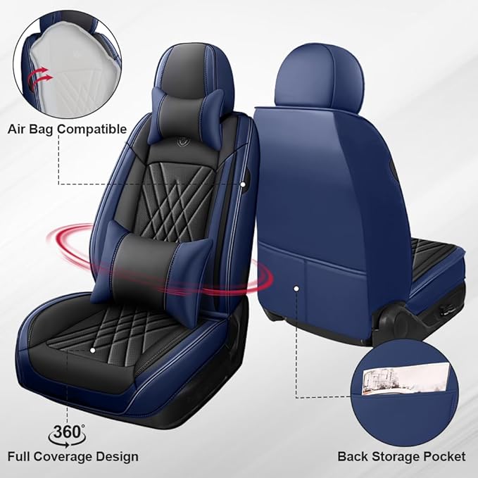 Seat Covers Fit for Toyota Corolla 2015-2026 Leather Car Seat Cover, Stylish Waterproof Breathable Easy to Install Airbag Compatibility Auto Interior Accessories(Front Set with Pillow,Black Blue)