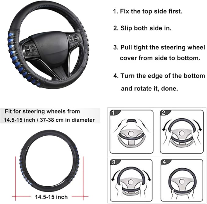 West Llama Microfiber Leather Car Steering Wheel Cover for Men Women,Universal Fit 14.5-15 inch(Leather Nails-Blue+Black-Standard Size)
