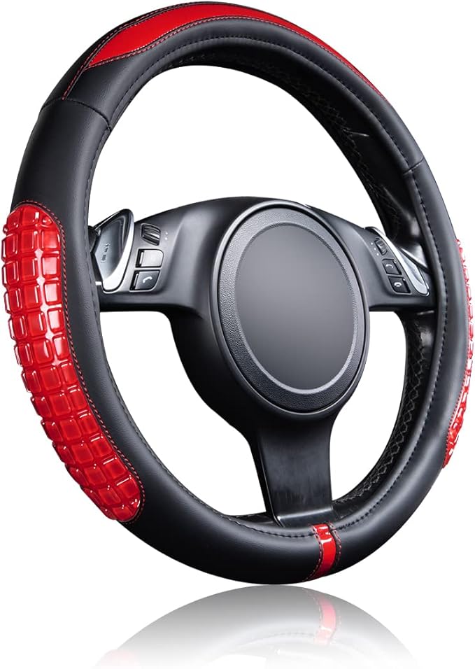 Flying Banner car Steering Wheel Cover Gel Massage Velvet Cool Warm Universal Size 15 inches SUV Truck Anti Slip Odorless Summer Winter (Black Red, Gel Massage)