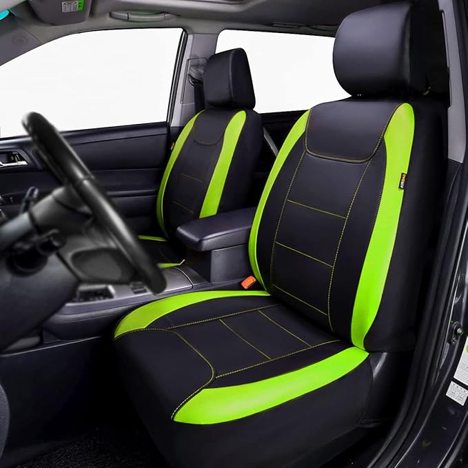 Flying Banner car seat Covers Protects Water Proof Faux Leather Carbon Fiber Fronts Fluorescence Green Black (Fluorescence Green Black, Front Pair)