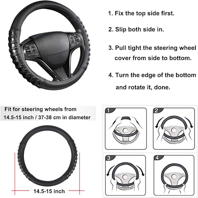 West Llama Microfiber Leather Car Steering Wheel Cover for Men Women,Universal Fit 14.5-15 inch(Leather Nails-Black-Standard Size)