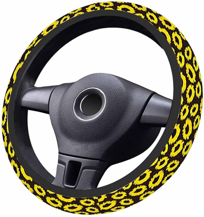Sunflower Elastic Steering Wheel Cover Yellow Sunflower on Black Background Steering Wheel Cover Anti Slip Protective Case Universal Stretch Steering Protector
