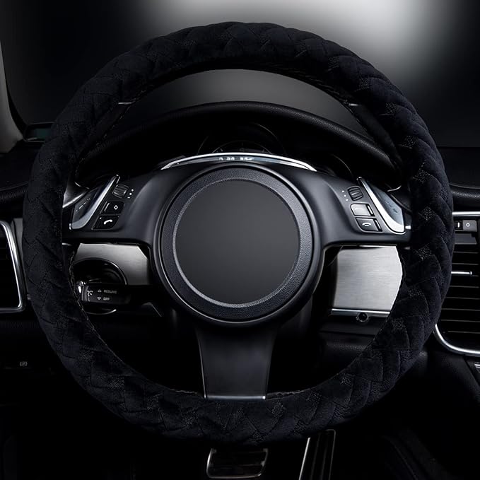 Flying Banner car Steering Wheel Cover Soft Velvet Warm Universal Size 15 inches SUV Truck Anti Slip Odorless Summer Winter (Black, Velvet Massage)