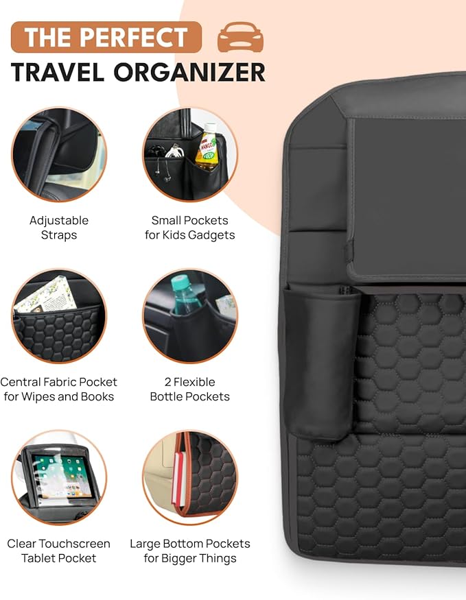 Owleys Black Car Seat Set: Backseat Organizers & Waterproof Protector for Child Seats Toy Storage in Black, Brown, Tan Guard Against Dirt, Scratches, Stains on Leather