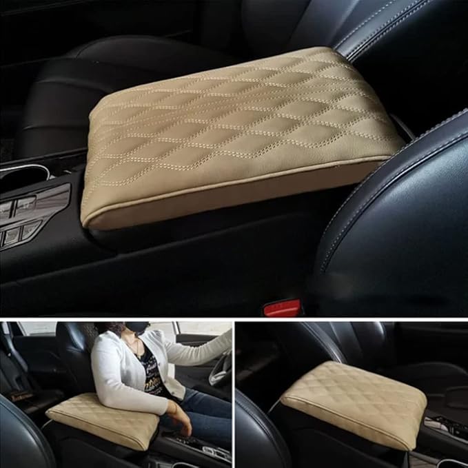 soputry Leather Car Armrest Box Pad, 2023 New Car Center Console Cover Pad Leather Auto Armrest Cover, Universal Arm Rest Cushion Pads for SUV/Truck/Vehicle (Beige, Wave Pattern)