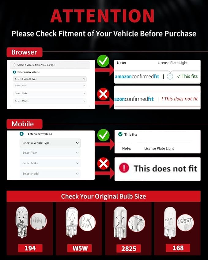 LASFIT 194 LED Bulb 6000K White, T10 168 2825 W5W LED Replacement Light Bulbs, For Dome Map Light, Door Light, Courtesy Light, License Plate Light, Trunk Light, Super Bright (Pack of 8)