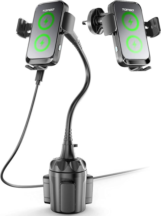 TOPGO Dual Coil Cup Phone Mount Wireless Charger, Universal Cell Phone Holder, Cup Holder 15W Fast Charging for iPhone 17 16 Pro Max, Samsung Galaxy - Black