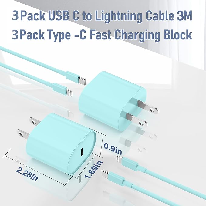 i Phone Charger Fast Charging 10 FT, 3-Pack 20W PD USB C Charger Block with i Phone 14 13 Charger Cable 10 Foot, Compatible with iPhone 14 Pro 13Pro Max 12 11Pro Mini -LightGreen