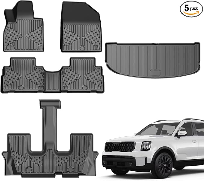 TPE All-Weather Floor Mats for Kia Telluride 2020-2025 | Custom Fit Floor Mats Liners 3 Row & Cargo Liner Car Mats,Durable, Odorless, Easy to Clean (5-Piece Set, Black)