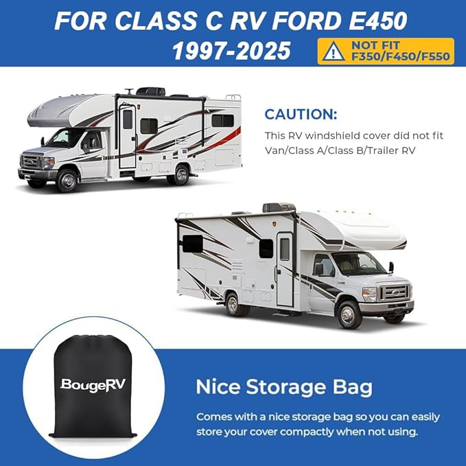 BougeRV RV Windshield Window Snow Cover for Class C Ford E450 1997-2025 Motorhome, Windshield Cover for Ice and Snow RV Front Window Sunshade Cover RV Accessories 4 Layers with Mirror Cutouts Silver