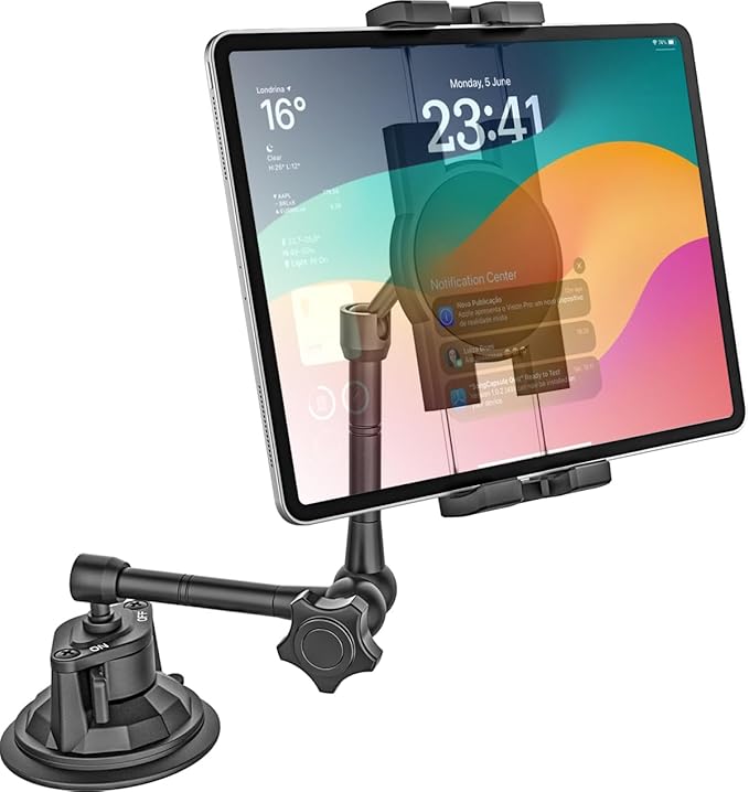 GDZN Vacuum Suction Cup Tablet Holder for Car Dashboard/Windshield, Heavy Duty 10.2" Metal Foldable Arm Anti-Shake iPad Mount for Truck/Van/SUV, Fits 4.7-13" iPad Pro/Air/Mini, Galaxy Tab, iPhone