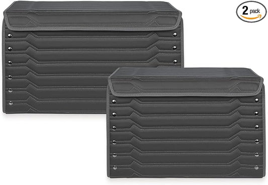 Owleys Car Caddy Organizer Set - 17.7" + 21.6" SUV Trunk Organizer Bundle For Road Trips, Groceries & Tools - Foldable Crates With Magnetic Lids - Stylish Gift For Men - Black Highway