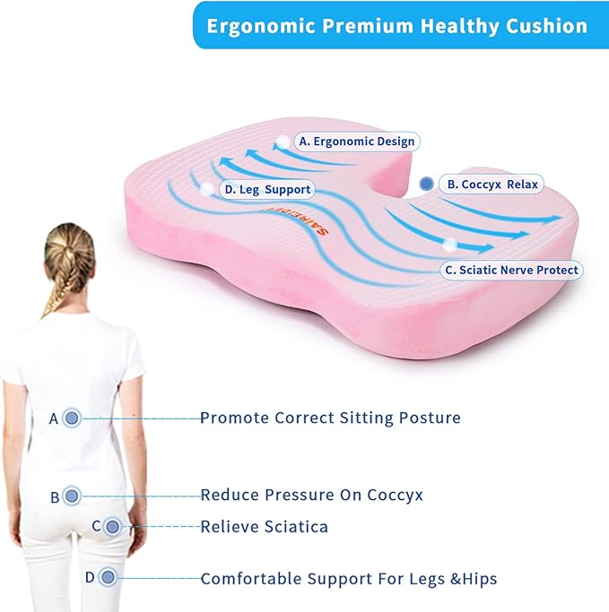 SAIREIDER Office Chair Cushion, Car Seat Cushion, Memory Foam Coccyx Cushion Pads for Tailbone Pain, Sciatica Relief Pillow, Correct Sitting Posture (Pink)