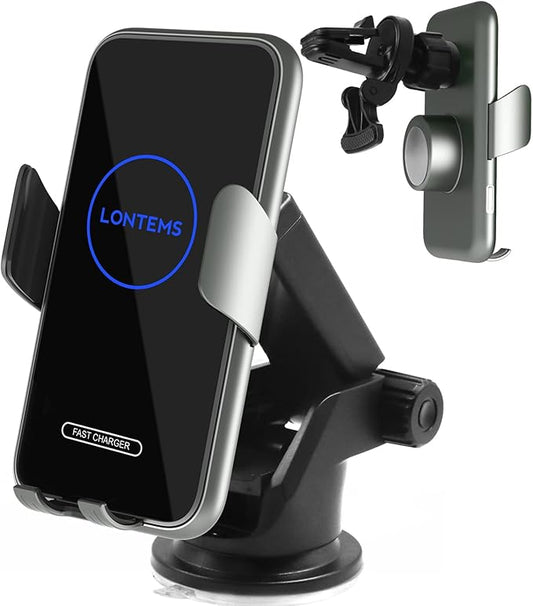 15W Car Mount Charger Qi Fast Wireless Charging Phone Mount, Windshield Dashboard Air Vent Auto Clamping Phone Holder for iPhone 11 12 13 14, 15, 16 Max Xs, Samsung S21 S22, S20, S10+ etc, Google Grey