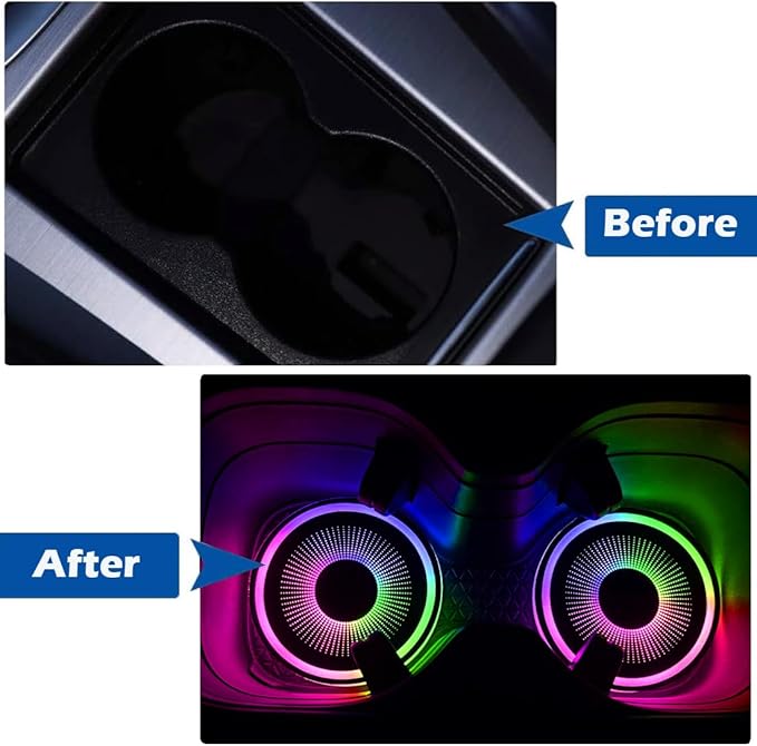 2 Pcs LED Car Cup Holder Lights, USB Charging, 7 Colors, Luminescent Car Coasters