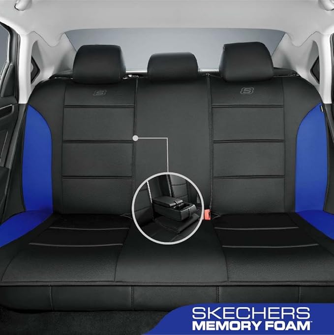 Skechers Memory Foam Car Seat Covers, Lycra Fabric Seat Covers Thick Memory Foam, Car Seat Cover Full Sets, Airbag Compatible, Automotive Comfort Protection for Most Cars, Trucks, SUVs, Blue