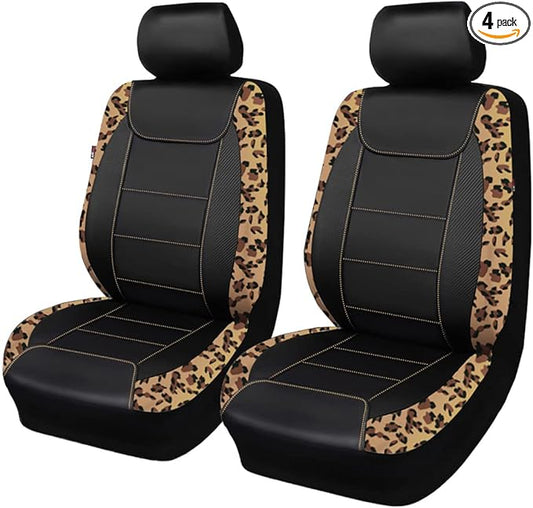 Flying Banner car seat Covers Protects Leopard Printing Velvet Faux Leather Carbon Fiber Front Pair Carbon Fibre (Leopard Black, Front Pair)