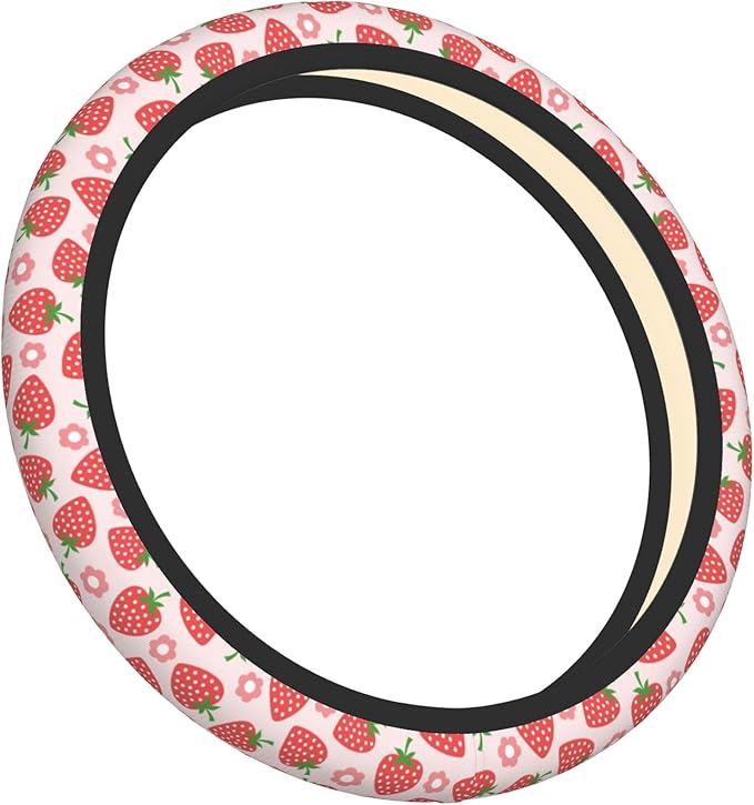 Pink Car Accessories Cute Strawberry Flower Steering Wheel Cover Women Car Steering Wheel Covers Protector Universal 15 Inch
