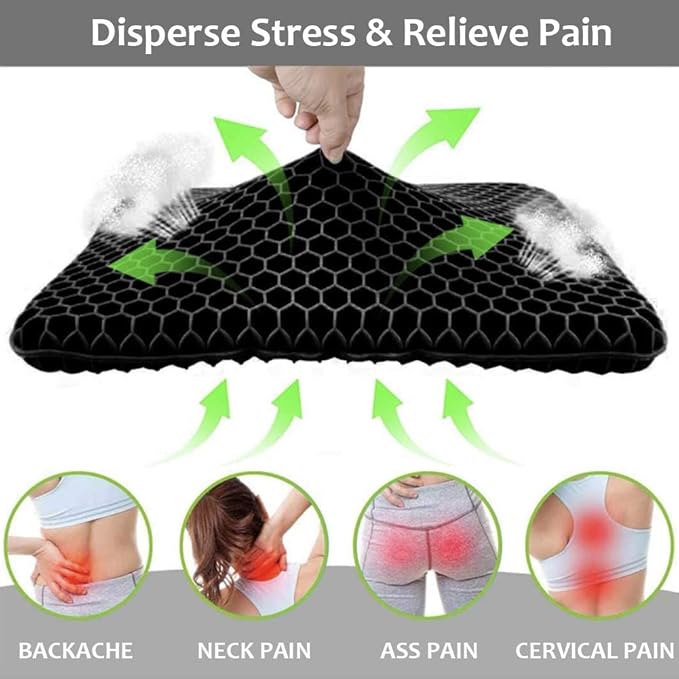 Gel Seat Cushion for Long Sitting Pressure Relief - Wheelchair Cushions for Pressure Sores - Coccyx, Sciatica & Tailbone Pain Relief Cushion - Non-Slip Butt Pillow for Office, Home, Car (Black)
