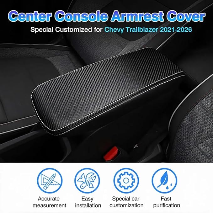 Autorder Center Console Cover for Chevy/Chevrolet Trailblazer 2021-2025 2026 Accessories Carbon Fiber Armrest Cover Anti-Scratch Middle Console Pad Leather Armrest Protector