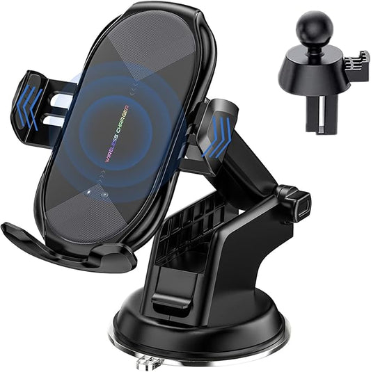 Wireless Car Charger,15W Qi Fast Charging Auto-Clamping Air Vent Windshield Dashboard Car Phone Mount,Long Arm Suction Cup Holder for iPhone Samsung LG