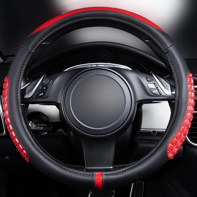 Flying Banner car Steering Wheel Cover Gel Massage Velvet Cool Warm Universal Size 15 inches SUV Truck Anti Slip Odorless Summer Winter (Black Red, Gel Massage)