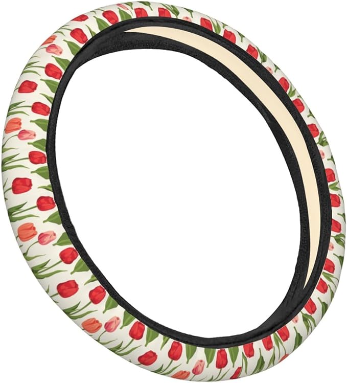 Tulips Flower Steering Wheel Covers Anti-Slip Elasticity Car Accessories Steering Wheel Protector Universal 15 Inch for Cars SUV Vehicle Truck