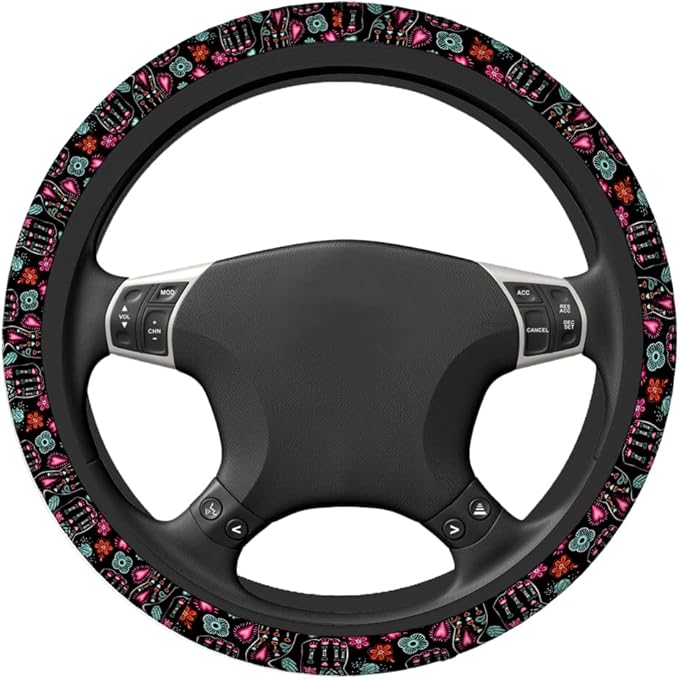 Swono Cat Cute Steering Wheel Cushion Case Day of The Dead Halloween Cats with Colorful Flowers Neoprene Car Steering Wheel Covers 15 Inch Anti Slip Compatible Auto Car Wrap Cover for Men Women