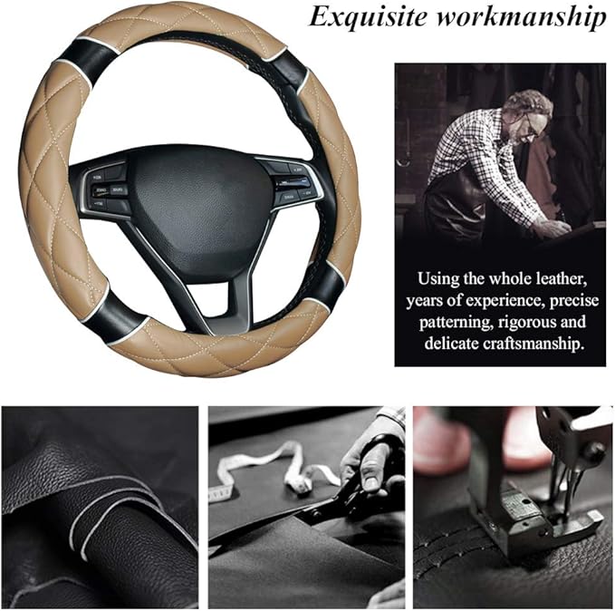 Steering Wheel Cover 15Inch Soft Microfiber Leather Fashion Anti-Slip Odorless Universal for Auto/Truck/SUV/Van (Beige-Black)