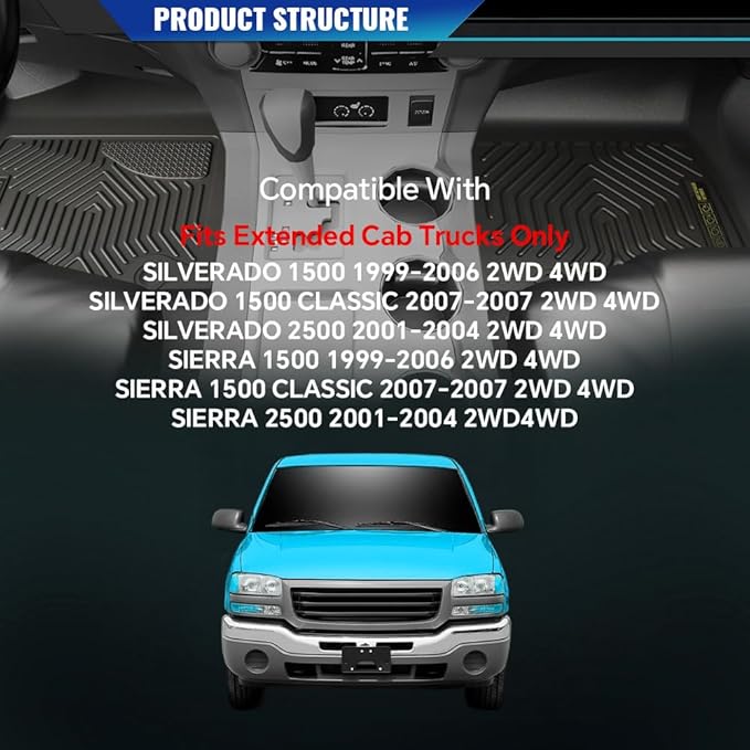 DOTCOM TPE Floor Mats Fit Chevy Silverado/GMC Sierra 1500 1999-2006 & 1500 Classic 2007,Fit Silverado/Sierra 2500 2001-2004,2WD 4WD Extended Cab,1st & 2nd Row All Weather Protection Floor Liners 3PCS