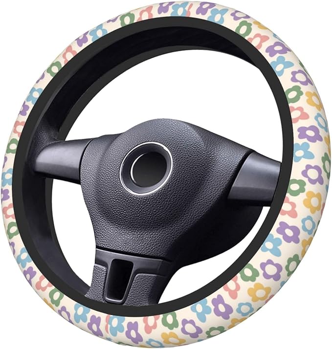 Abstract Colorful Floral Flowers Steering Wheel Cover for Women, Anti-Slip Elastic Breathable Soft Rubber Car Steering Wheel Protective Cover, Universal 15 Inch Fit for Cars, Auto, SUVs