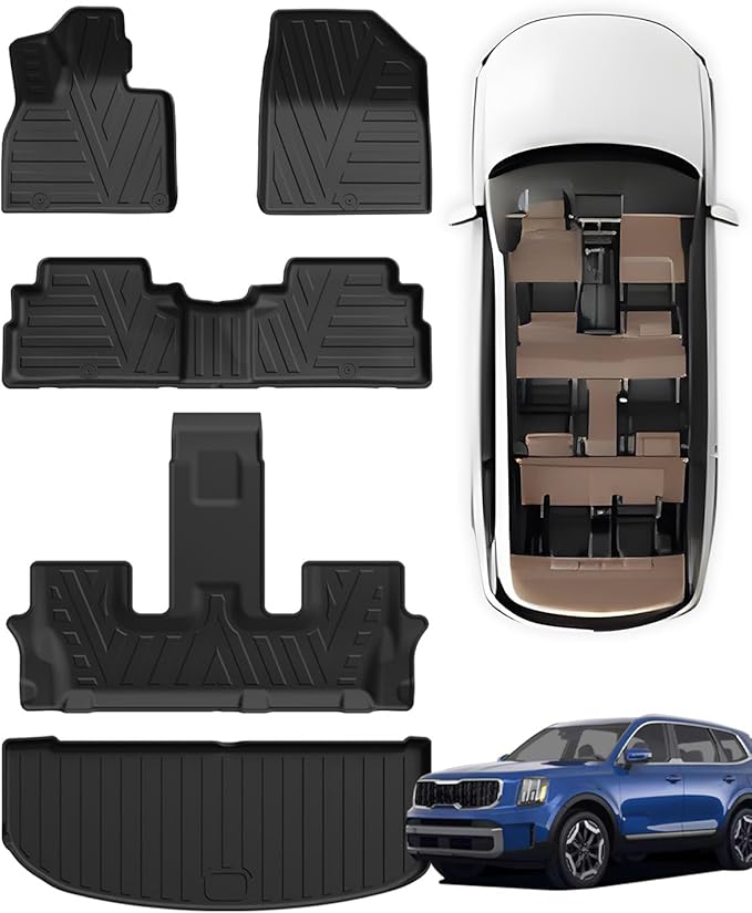 Floor Mats & Cargo Liner for Kia Telluride 2020–2024 2025 (7 & 8 Seat), All Weather Protection, Heavy Duty Floor Mats, Waterproof Car Mats, TPE, Custom Fit, Anti-Slip Car Accessories, Full Set, Black