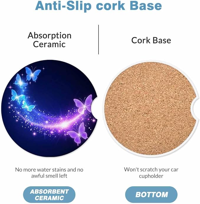 Purple Blue Butterfly Car Cup Holder Coaster 2 Pack Absorbent Ceramic Car Coasters for Cup Holders Car Accessories Interior for Women Men Universal Anti Slip Cork Base Cup Coasters with Finger Notch