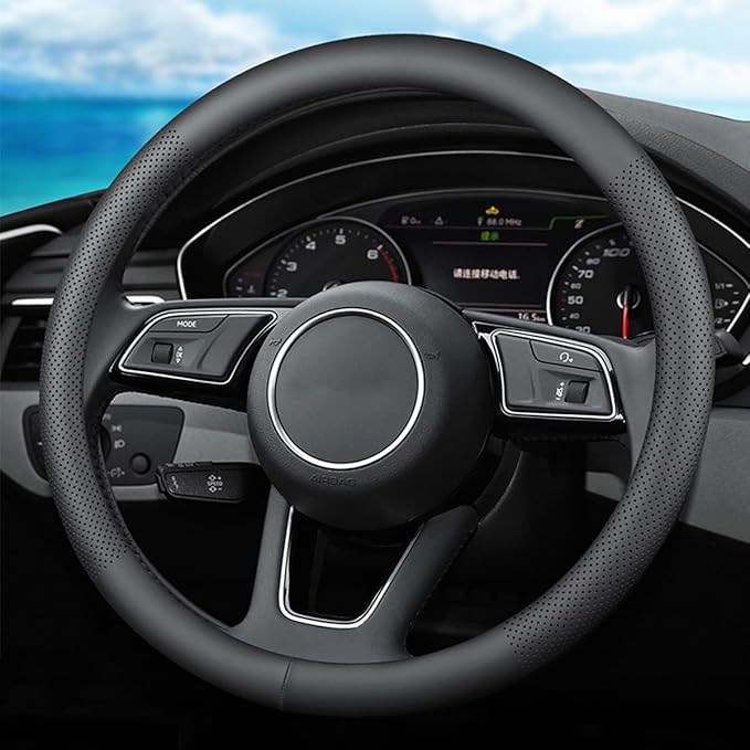 XHRING Car Steering Wheel Cover for Ford F150 F250 Raptor F250 Super Duty F350 Expedition Accessories F-150 XL XLT Lariat King Ranch Platinum Limited Lightning Tremor Leather Black 15 ½''-16''