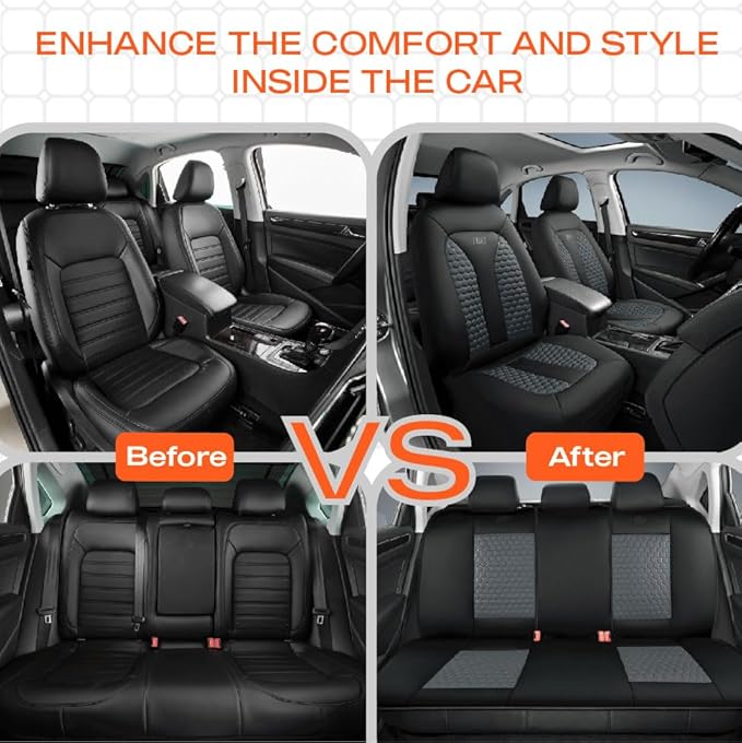 Skechers Memory Foam™ Car Seat Cover Full Sets, Hexcomb Breathable Thick Seat Covers, Airbag Compatible, Automotive Comfort & Protection Universal for 95% Cars,Van,Trucks, SUVs Grey