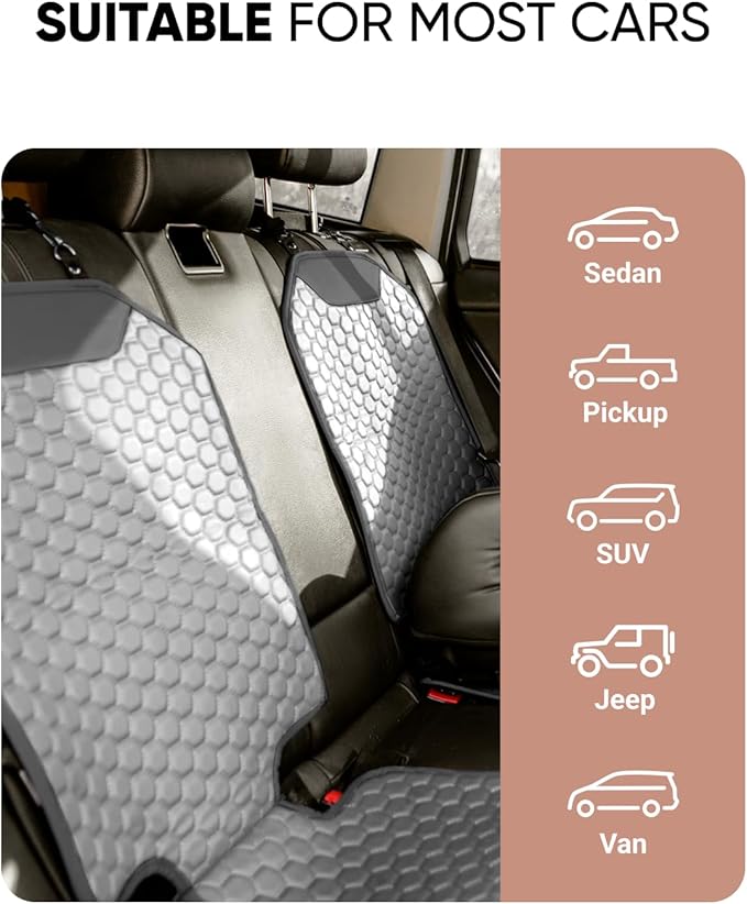 Owleys 2-in-1 Car Interior Guard Bundle | Eco Leather Seat Covers | Kick Mat and Protector | Premium Waterproof Road Trip Child Shield | Holiday for SUV Sedan Truck | Luxury Gray