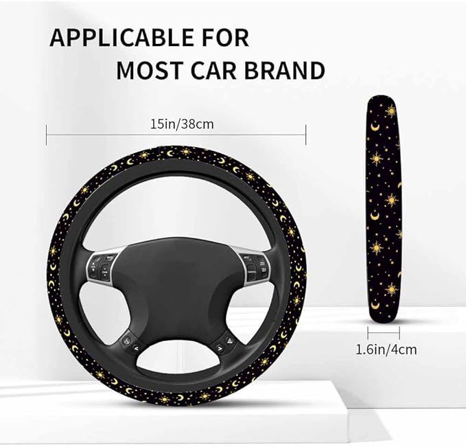 Sun Stars and Moon Elastic Steering Wheel Cover Night Sky on Black Background Steering Wheel Cover Anti Slip Protective Case Universal Stretch Steering Protector