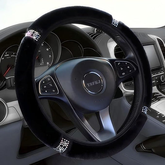 Fluffy Steering Wheel Cover, Universal 15 Inch Colorful Rhinestones Car Steering Wheel Cover, Sparkly Crystal Diamond Steering Wheel Protector for Women Girls,Black