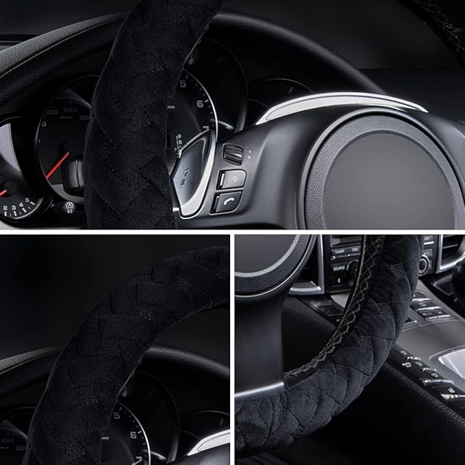 Flying Banner car Steering Wheel Cover Soft Velvet Warm Universal Size 15 inches SUV Truck Anti Slip Odorless Summer Winter (Black, Velvet Massage)