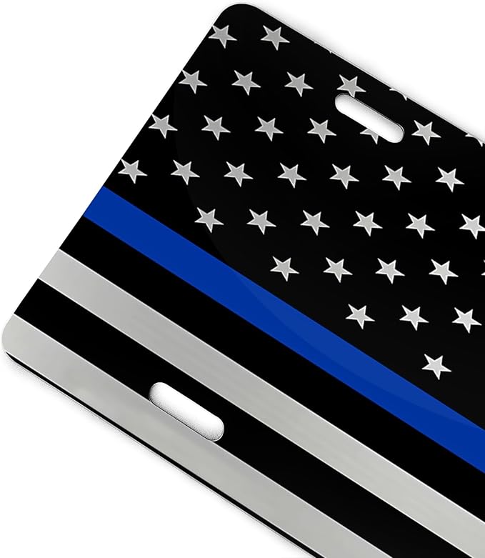 Silver Metallic Thin Blue Line American Flag Front License Plate Aluminum Decorative License Plates Funny Metal Car Plate 6"X12" Novelty Vanity Tag Cover with 4 Holes Car Decor Accessory