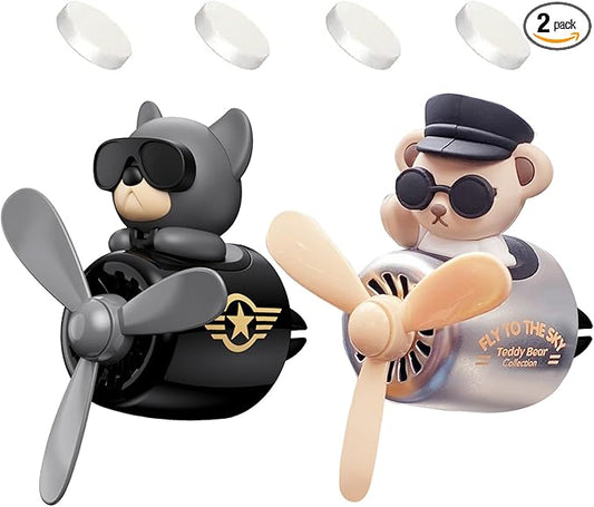 2 Pcs Pilot Car Air Freshener, Cute Duck Car Vent Clip Air Freshener Automotive Air Outlet Fan Diffuser, Automotive Interiors Vent Decoration (Dog+Bear)