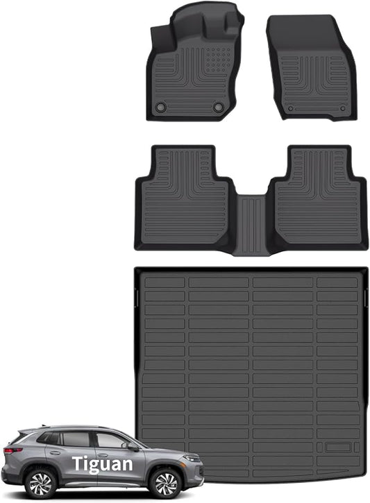 Wayhigh-for Volkswagen Tiguan 2025 All Weather Floor Mats and Cargo Liner Set TPE Car Mats Waterproof Heavy Duty Rubber Floor Liners VW Tiguan Accessories